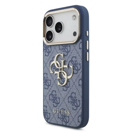 iPhone 18 Pro modré puzdro Guess 4G Metal Logo so zlatým rámom z PU umelej kože - 2