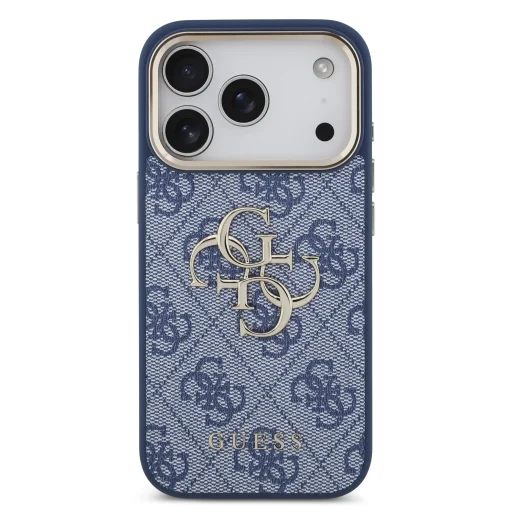iPhone 18 Pro modré puzdro Guess 4G Metal Logo so zlatým rámom z PU umelej kože - 3
