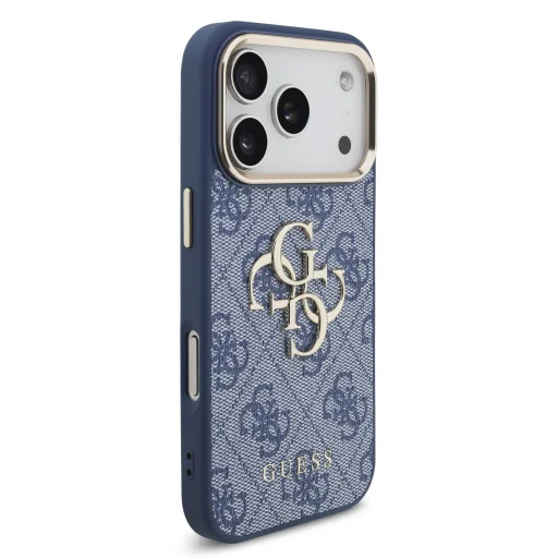 iPhone 18 Pro modré puzdro Guess 4G Metal Logo so zlatým rámom z PU umelej kože - 4
