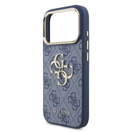 iPhone 18 Pro modré puzdro Guess 4G Metal Logo so zlatým rámom z PU umelej kože - 5