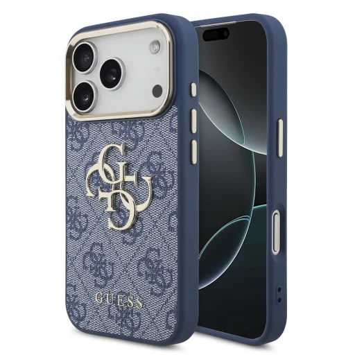 iPhone 18 Pro modré puzdro Guess 4G Metal Logo so zlatým rámom z PU umelej kože - 1