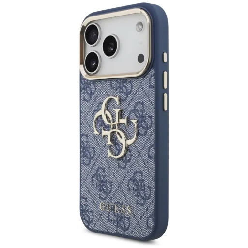 iPhone 18 Pro modré puzdro Guess 4G Metal Logo so zlatým rámom z PU umelej kože - 2