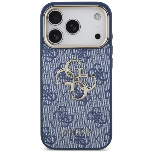 iPhone 18 Pro modré puzdro Guess 4G Metal Logo so zlatým rámom z PU umelej kože - 3