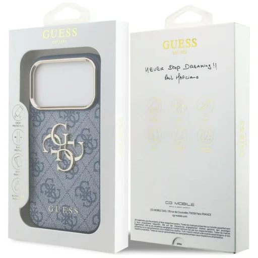 iPhone 18 Pro modré puzdro Guess 4G Metal Logo so zlatým rámom z PU umelej kože - 8