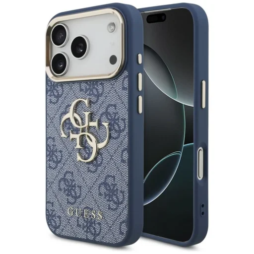 iPhone 18 Pro modré puzdro Guess 4G Metal Logo so zlatým rámom z PU umelej kože - 1