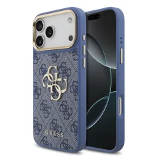 Apple iPhone 18 Pro Max modrý Guess 4G kryt z PU umelej kože s kovovým logom a zlatým orámovaním fotoaparátu