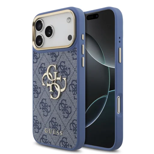 Apple iPhone 18 Pro Max modrý Guess 4G kryt z PU umelej kože s kovovým logom a zlatým orámovaním fotoaparátu - 1