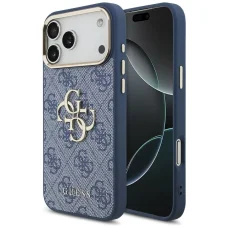 Apple iPhone 18 Pro Max modrý Guess 4G kryt z PU umelej kože s kovovým logom a zlatým orámovaním fotoaparátu