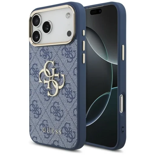 Apple iPhone 18 Pro Max modrý Guess 4G kryt z PU umelej kože s kovovým logom a zlatým orámovaním fotoaparátu - 1
