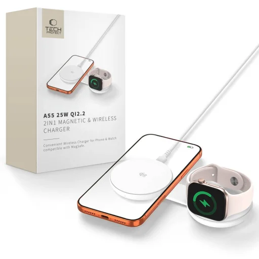 Tech-Protect A55 2 v 1 MagSafe Qi2.2 bezdrôtová nabíjačka 25 W, biela - 1