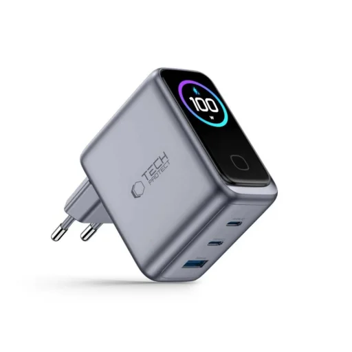 Tech-Protect PowerVision NC100W-GaN 3-portová 100W sieťová nabíjačka, tmavosivá (2×USB-C, 1×USB-A) - 2