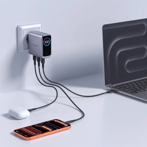 Tech-Protect PowerVision NC100W-GaN 3-portová 100W sieťová nabíjačka, tmavosivá (2×USB-C, 1×USB-A) - 6