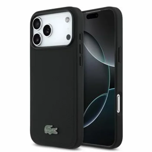 iPhone 18 Pro Max čierne Lacoste PVC Iconic Petit Pique puzdro s kovovým logom MagSafe - 1