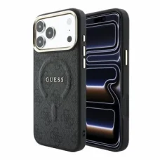 iPhone 18 Pro čierny Guess PU kožený 4G kryt so zlatým rámom, embosovaný MagSafe