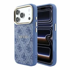 iPhone 18 Pro Modrý Guess PU umelá koža 4G so zlatým rámom reliéfny MagSafe kryt