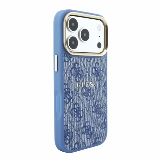 iPhone 18 Pro Modrý Guess PU umelá koža 4G so zlatým rámom reliéfny MagSafe kryt - 4