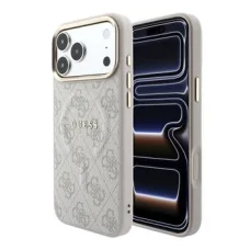 iPhone 18 Pro ružový Guess 4G so zlatým rámom, reliéfny MagSafe kryt z umelej kože