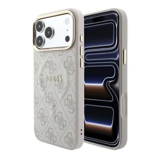 iPhone 18 Pro ružový Guess 4G so zlatým rámom, reliéfny MagSafe kryt z umelej kože - 1
