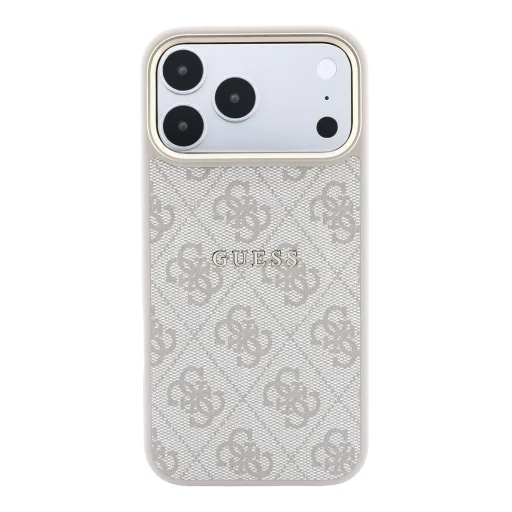iPhone 18 Pro ružový Guess 4G so zlatým rámom, reliéfny MagSafe kryt z umelej kože - 3