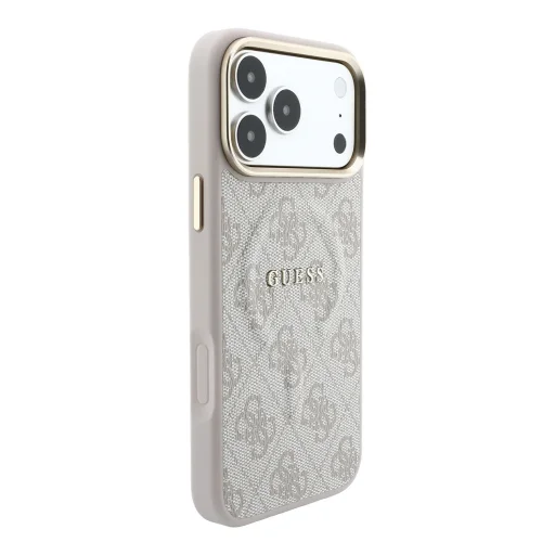 iPhone 18 Pro ružový Guess 4G so zlatým rámom, reliéfny MagSafe kryt z umelej kože - 4