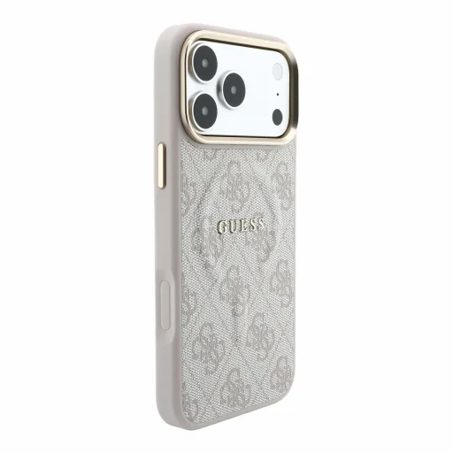 iPhone 18 Pro Max ružové puzdro Guess 4G so zlatým rámom reliéfne MagSafe z umelej kože - 4