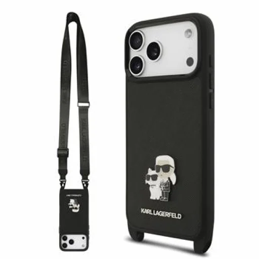iPhone 18 Pro čierne Karl Lagerfeld Saffiano Crossbody Strap Karl and Choupette puzdro - 1