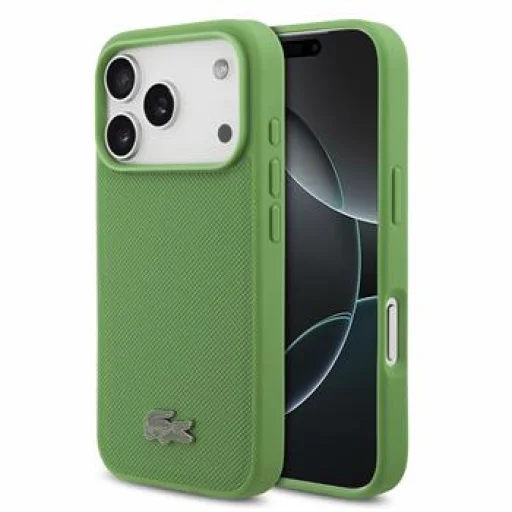  iPhone 18 Pro tárkonyzöld Lacoste Iconic Petit Pique PVC MagSafe tok fém logóval - 1