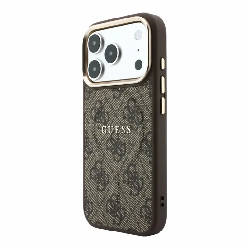 Apple iPhone 18 Pro Max hnedé puzdro Guess z umelej kože 4G so zlatým rámom reliéfne MagSafe - 2