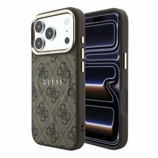 Apple iPhone 18 Pro Max hnedé puzdro Guess z umelej kože 4G so zlatým rámom reliéfne MagSafe - 1