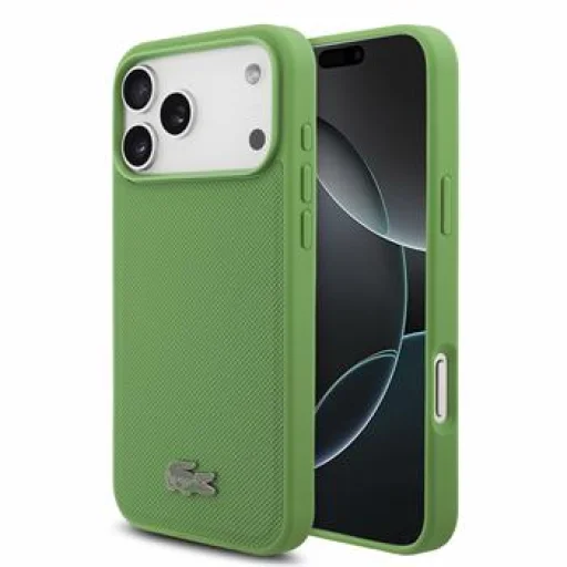  iPhone 18 Pro Max tárkonyzöld Lacoste Iconic Petit Pique PVC fém logós MagSafe tok - 1