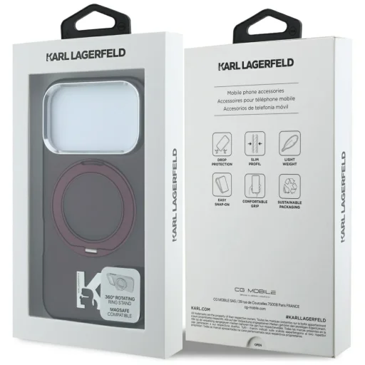  Apple iPhone 18 Pro / 17 Pro burgundi Karl Lagerfeld IML Ring Stand 360 Kameo Metal MagSafe tok - 6