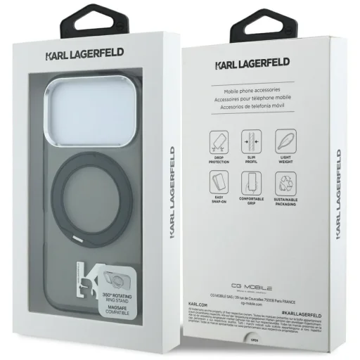  iPhone 18 Pro / 17 Pro fekete Karl Lagerfeld IML Ring Stand 360 Kameo Metal MagSafe tok - 6