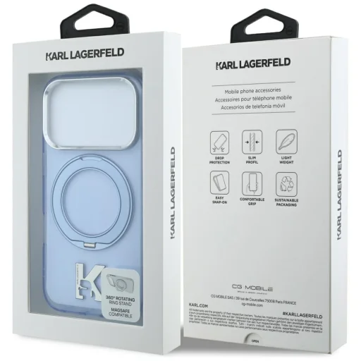 Apple iPhone 18 Pro / 17 Pro modrý Karl Lagerfeld IML Ring Stand 360 Kameo Metal MagSafe kryt - 7