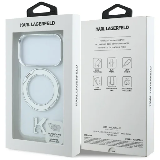  iPhone 18 Pro / 17 Pro Karl Lagerfeld IML Ring Stand 360 Kameo Metal MagSafe átlátszó tok - 6