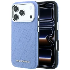iPhone 18 Pro / 17 Pro modrý Karl Lagerfeld zrnitý kryt s celoplošným vzorom loga, kovový predĺžený MagSafe