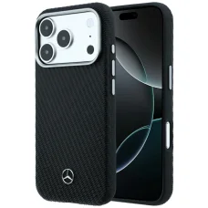 iPhone 17 Pro / 18 Pro Mercedes kožené puzdro Semi Wrap s efektom dreva MagSafe, čierne