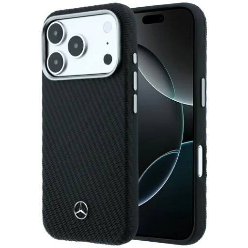iPhone 17 Pro / 18 Pro Mercedes kožené puzdro Semi Wrap s efektom dreva MagSafe, čierne - 1