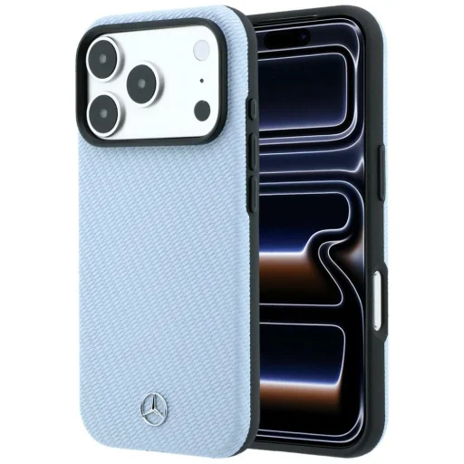 iPhone 17 Pro / 18 Pro Mercedes kožený kryt Semi Wrap s efektom dreva MagSafe, modrý - 1