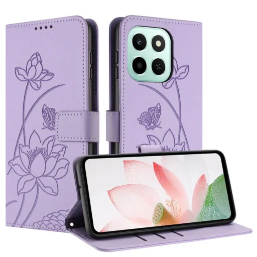Honor 600 Smart 5G embosované kožené flipové puzdro s lotosovým vzorom a šnúrkou na krk, fialové - 2