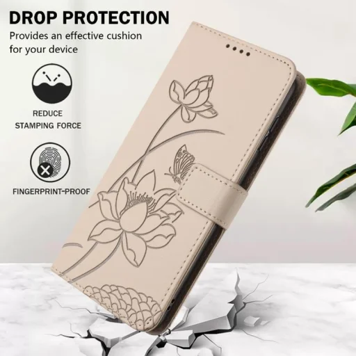 Honor 600 Smart 5G reliéfne kožené flipové puzdro s lotosovým vzorom a šnúrkou na krk, béžové - 5