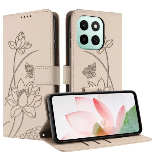 Honor 600 Smart 5G reliéfne kožené flipové puzdro s lotosovým vzorom a šnúrkou na krk, béžové - 2
