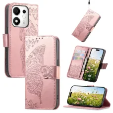 Pre Honor 600 Smart 5G embosované kožené flipové puzdro s kvetinovým vzorom motýľa a lásky (ružovozlaté)