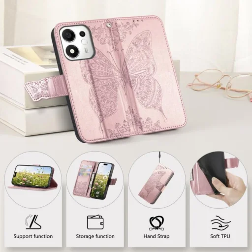 Pre Honor 600 Smart 5G embosované kožené flipové puzdro s kvetinovým vzorom motýľa a lásky (ružovozlaté) - 6