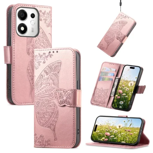 Pre Honor 600 Smart 5G embosované kožené flipové puzdro s kvetinovým vzorom motýľa a lásky (ružovozlaté) - 1
