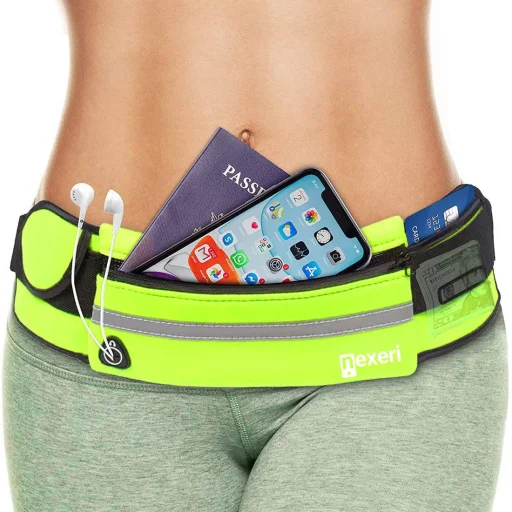 Nexeri Univerzális 7'' fényvisszaverő csíkos övtáska futáshoz fülhallgató kivezetéssel zöld - 1