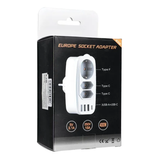 E06 predlžovací prívod s 3 zásuvkami, 3 portmi USB-A a 1 portom USB-C, biely - 3