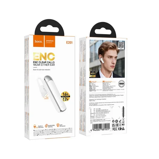 Bezdrôtové jednostranné slúchadlo (potlačenie okolitého hluku, Bluetooth 6.0, 130 mAh) Hoco E201 biele - 5