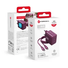Forcell F-Energy GaN III Crystal Color VT-60 60 W sieťová nabíjačka s 2 portmi USB-C a bordovým silikónovým káblom USB-C – USB-C