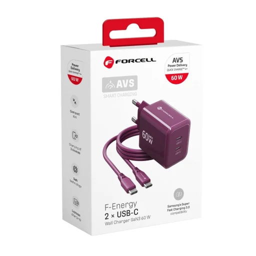 Forcell F-Energy GaN III Crystal Color VT-60 60 W sieťová nabíjačka s 2 portmi USB-C a bordovým silikónovým káblom USB-C – USB-C - 5