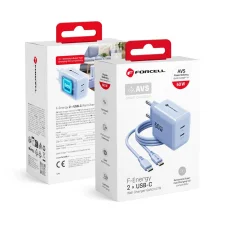 Forcell F-Energy GaN III Crystal Color sieťová nabíjačka 2x USB C AVS SSFC3.0 60 W + silikónový kábel USB C – USB C VT-60 modrá